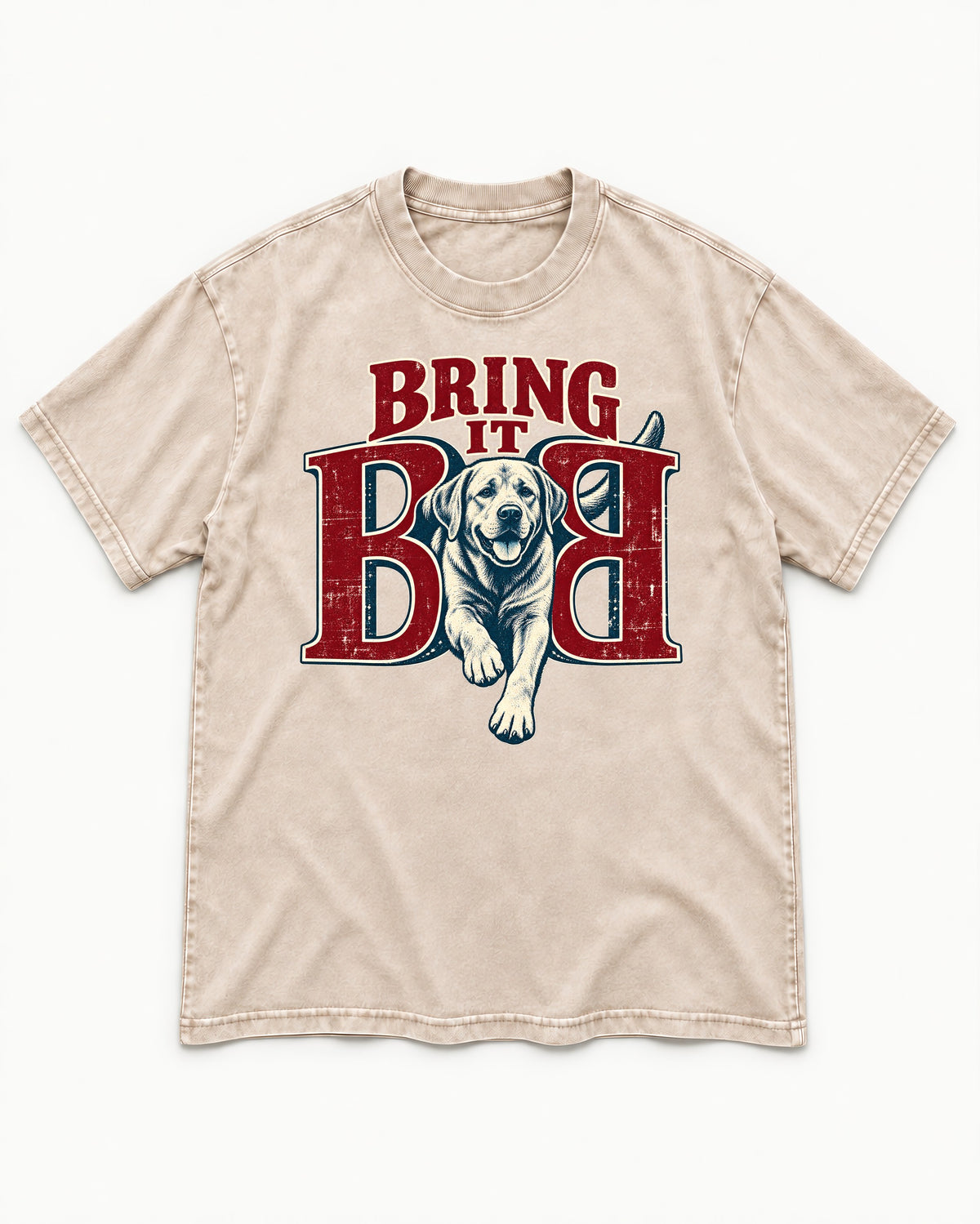 Labrador Retriever Bring It Opposing B Portrait Graphic Washed Tee in Apricot, flat lay product photo