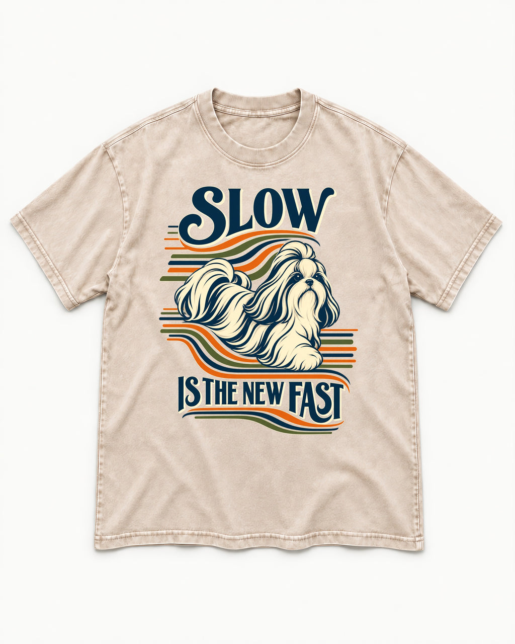 Slow Is Fast Shih Tzu Washed Tee in Apricot, flat lay product photo