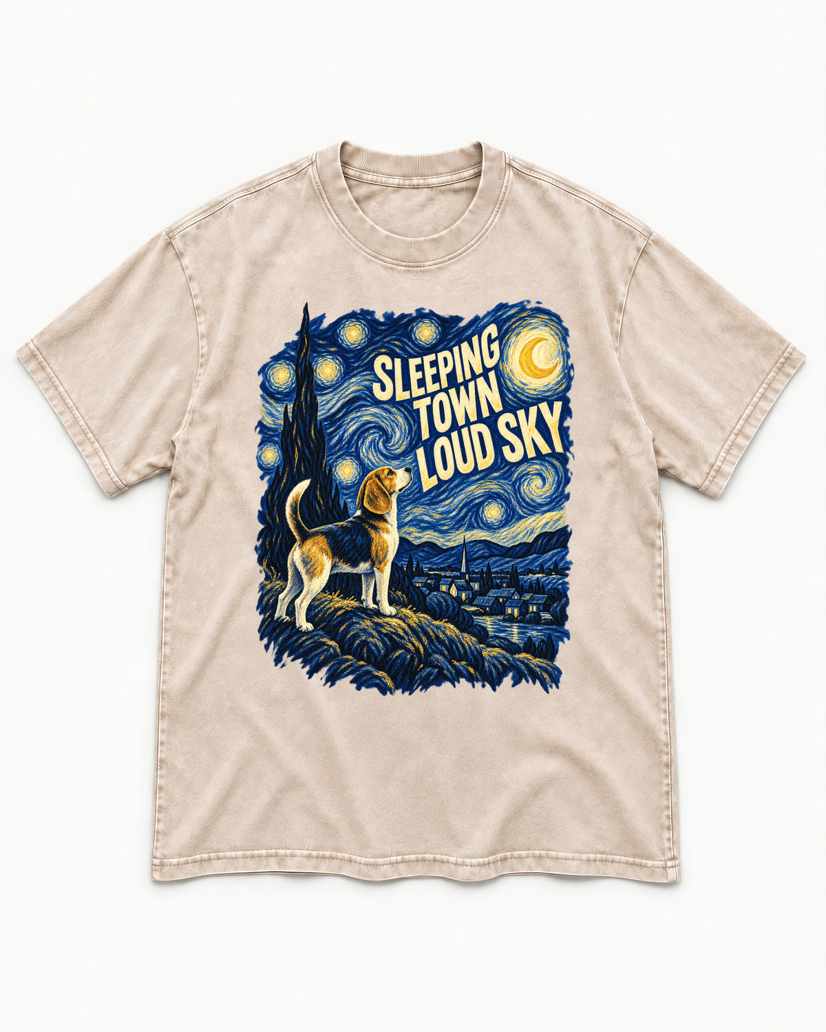 Sleeping Town Loud Sky Beagle Nightscape Washed Tee in Apricot, flat lay product photo