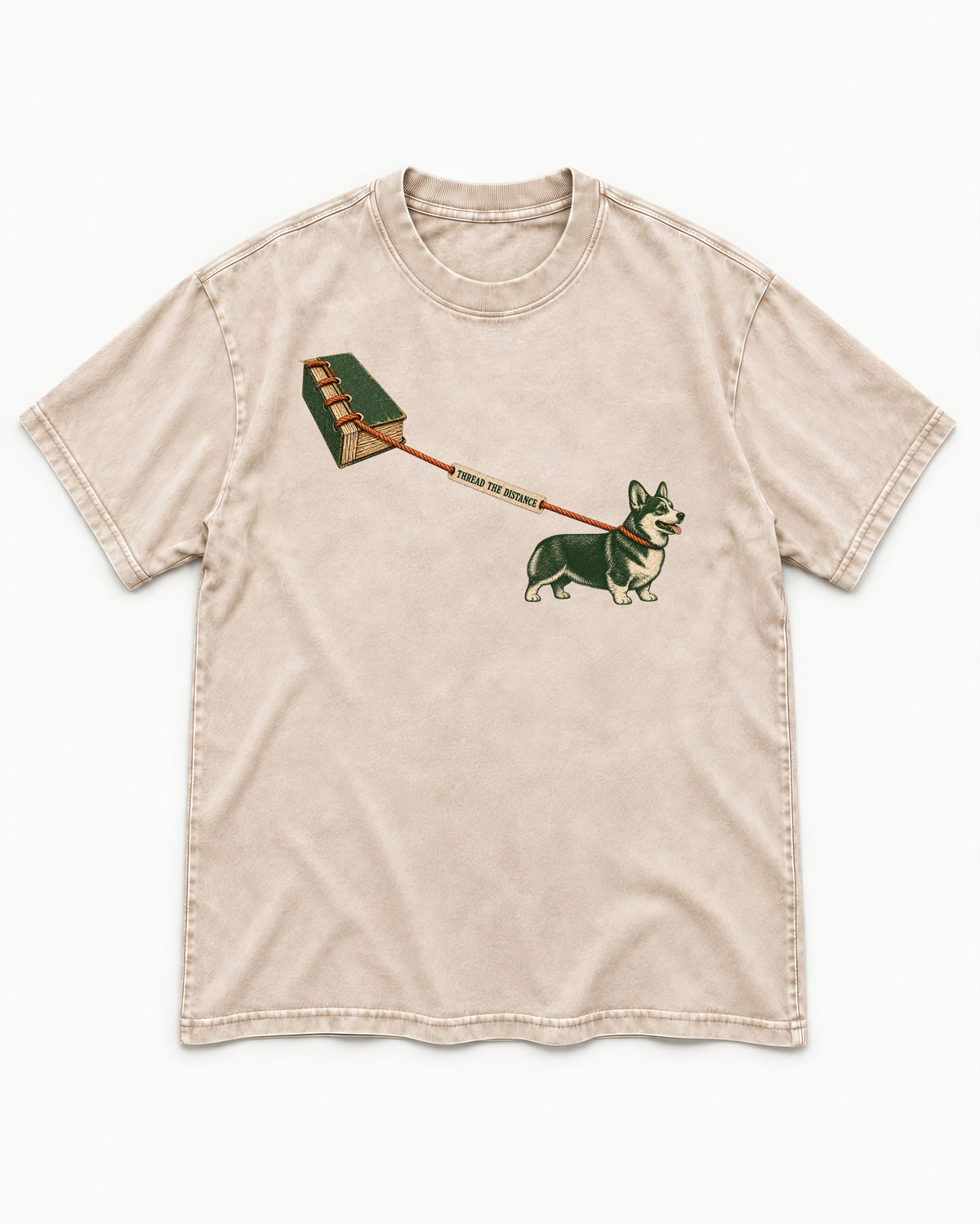 Thread the Distance with Corgi Washed Tee in Apricot, flat lay product photo