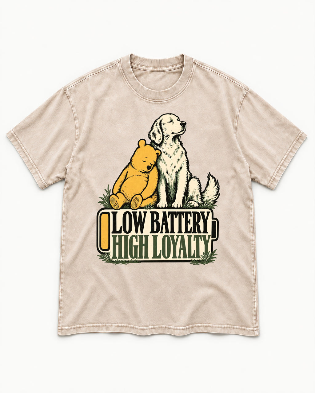 Golden Retriever Low Battery High Loyalty Washed Tee in Apricot, flat lay product photo