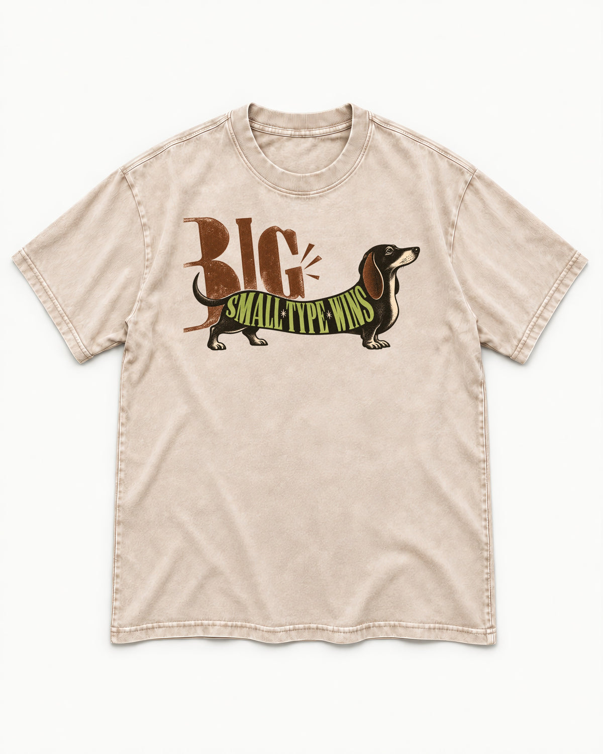 Dachshund Small Type Wins Washed Tee in Apricot, flat lay product photo