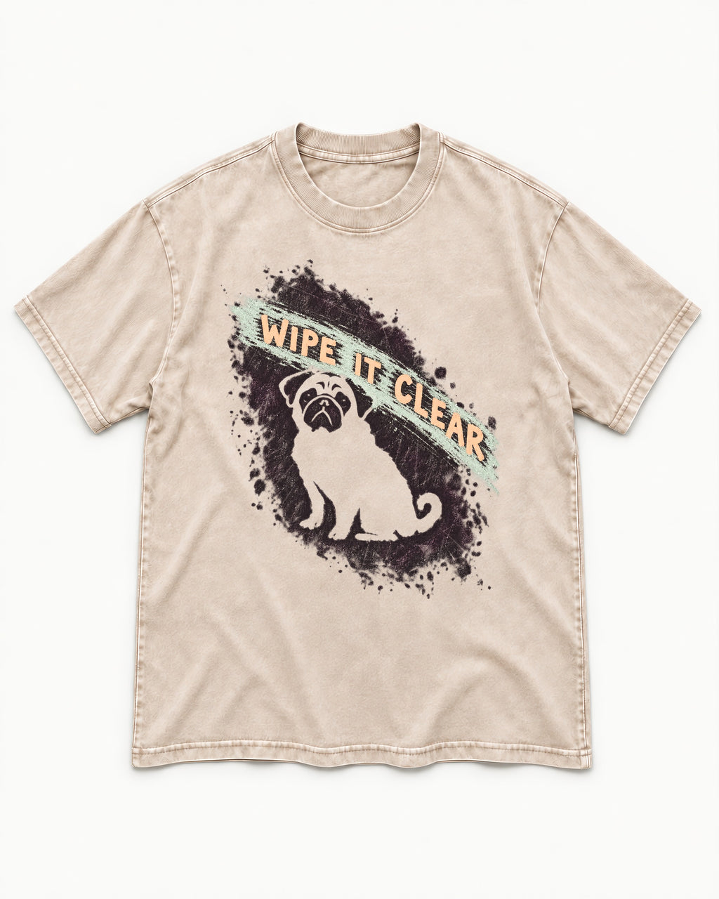 Pug Wipe It Clear Washed Tee in Apricot, flat lay product photo