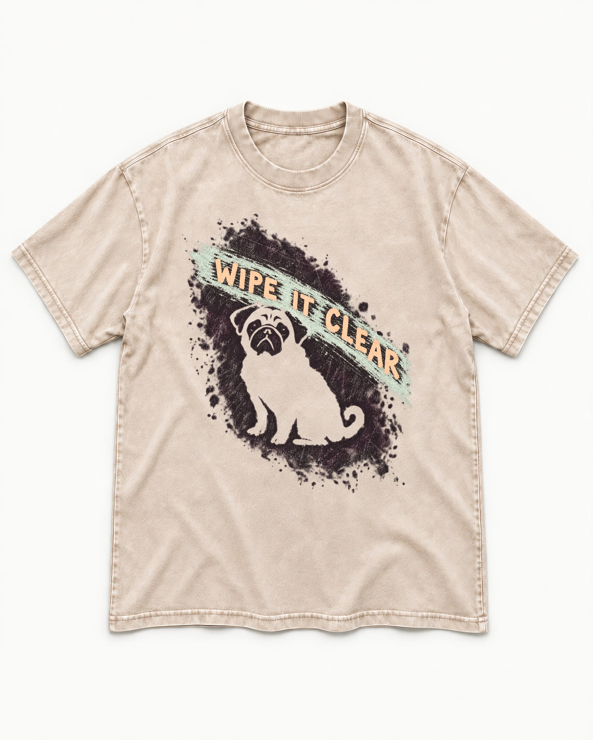 Pug Wipe It Clear Washed Tee in Apricot, flat lay product photo