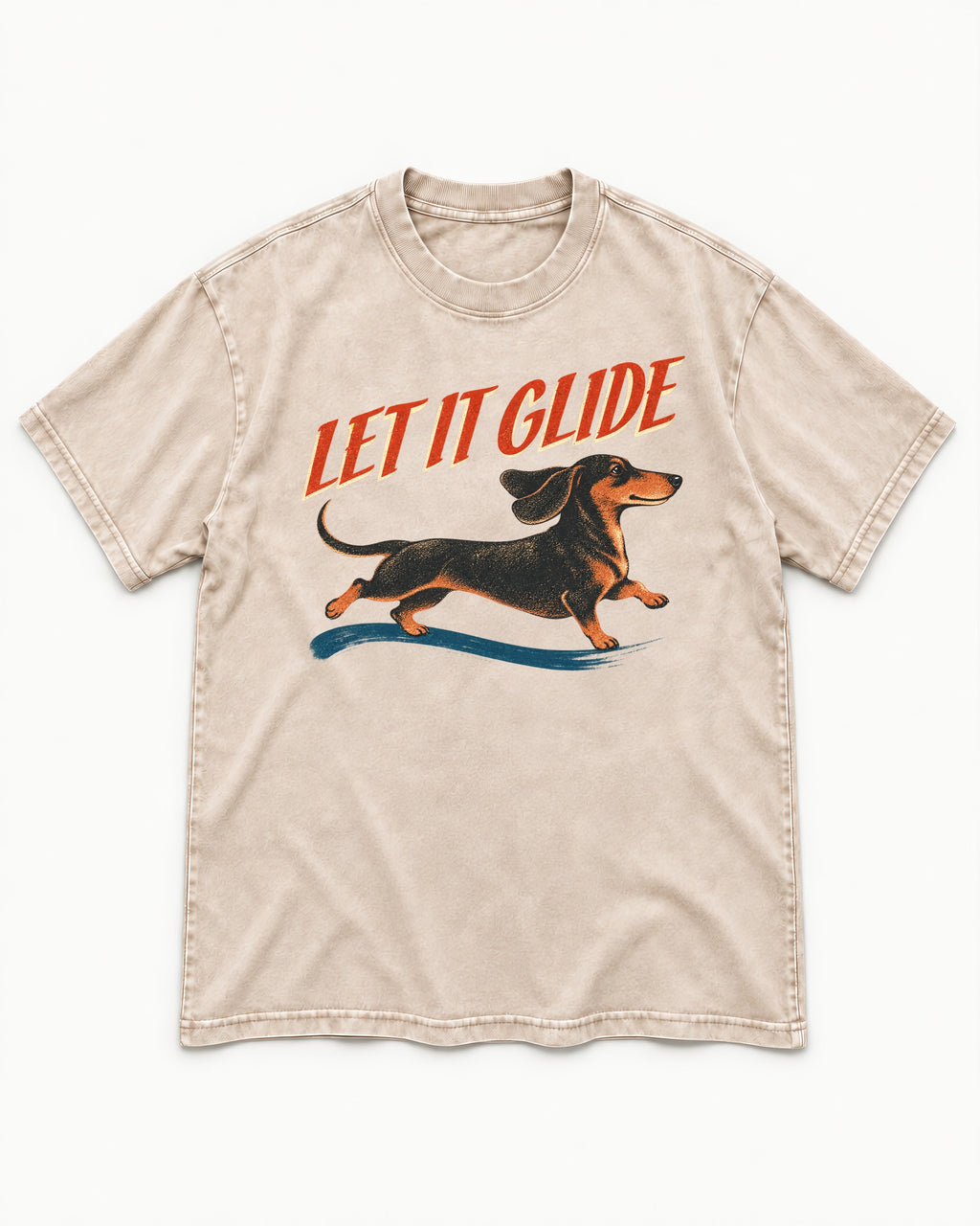 Let It Glide Dachshund Washed Tee in Apricot, flat lay product photo