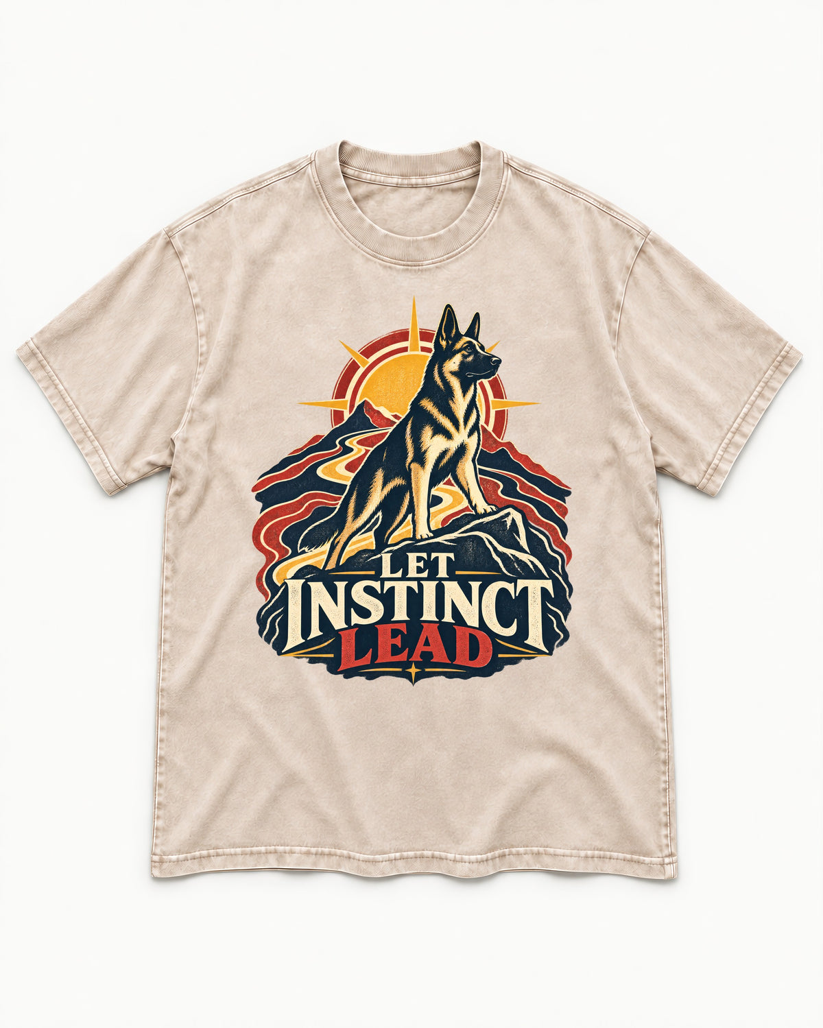 Let Instinct Lead Sunrise German Shepherd Dog Graphic Washed Tee in Apricot, flat lay product photo