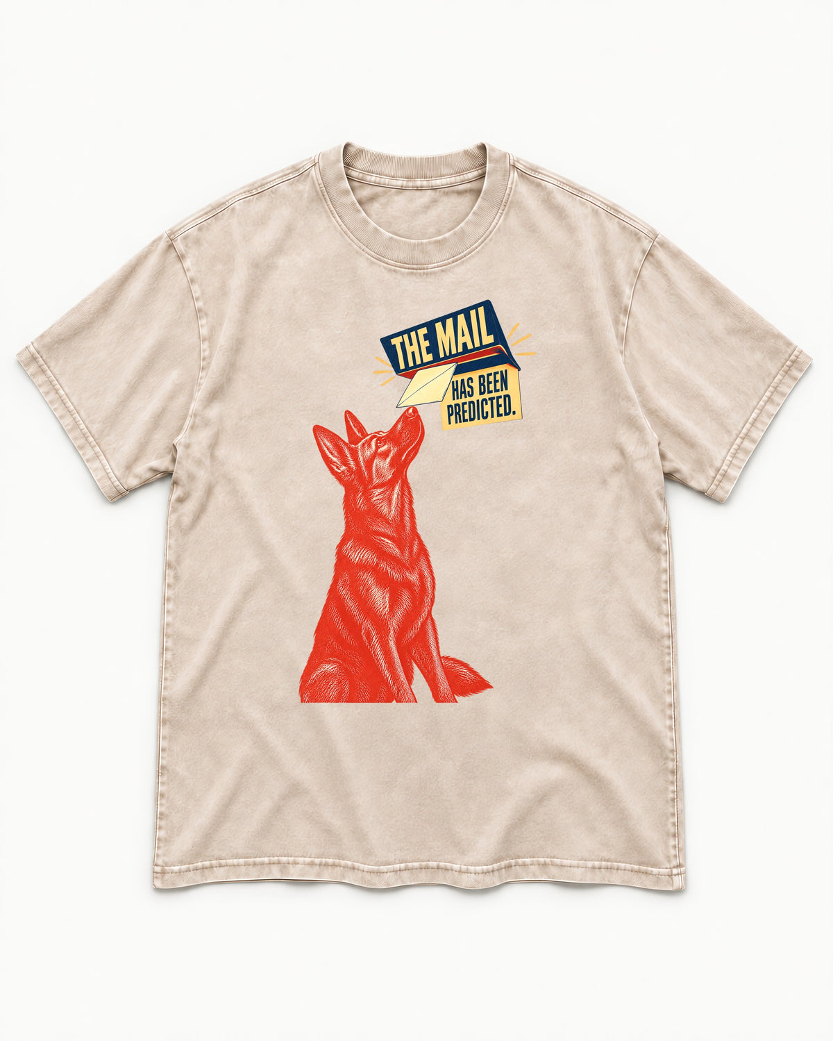 German Shepherd Dog Mail Predicted Graphic Washed Tee in Apricot, flat lay product photo