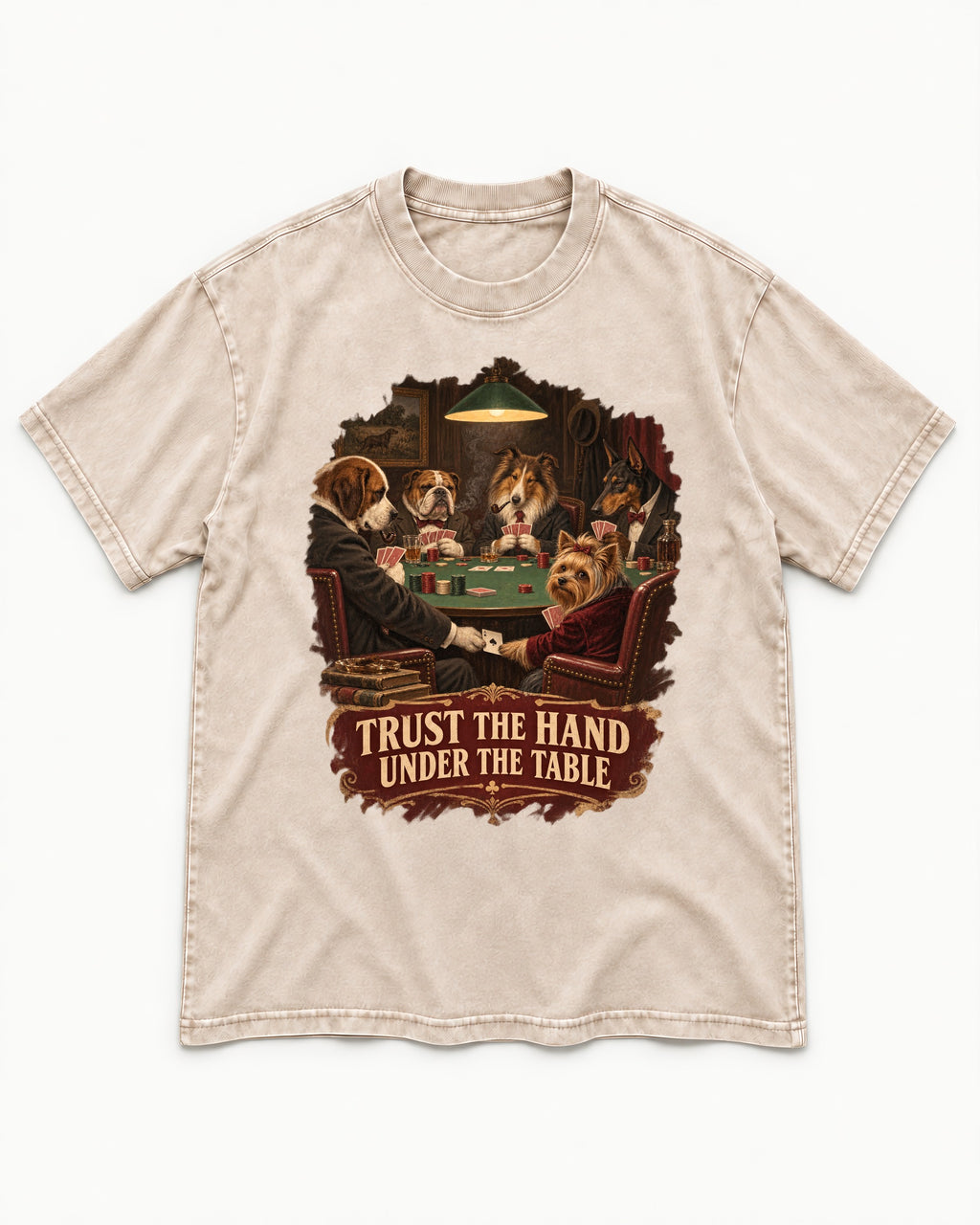 Yorkshire Terrier Trust the Hand Under the Table Poker Dogs Graphic Washed Tee in Apricot, flat lay product photo