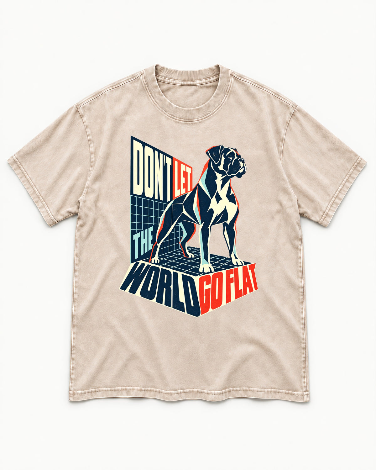 Don't Let the World Go Flat Boxer Perspective Grid Graphic Washed Tee in Apricot, flat lay product photo