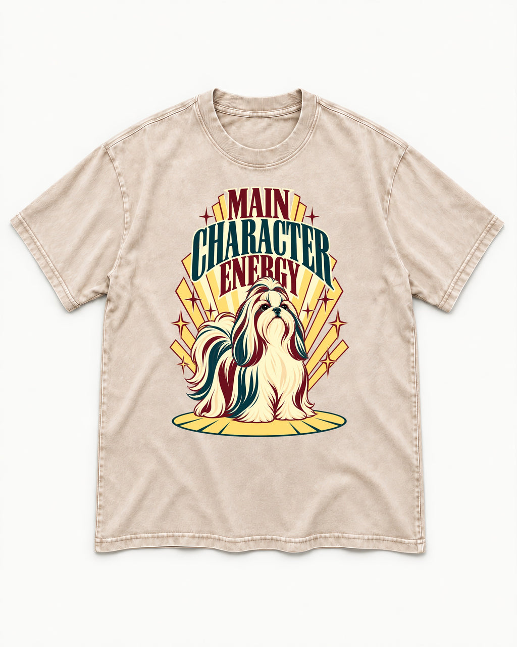 Shih Tzu Main Character Energy Art Deco Graphic Washed Tee in Apricot, flat lay product photo