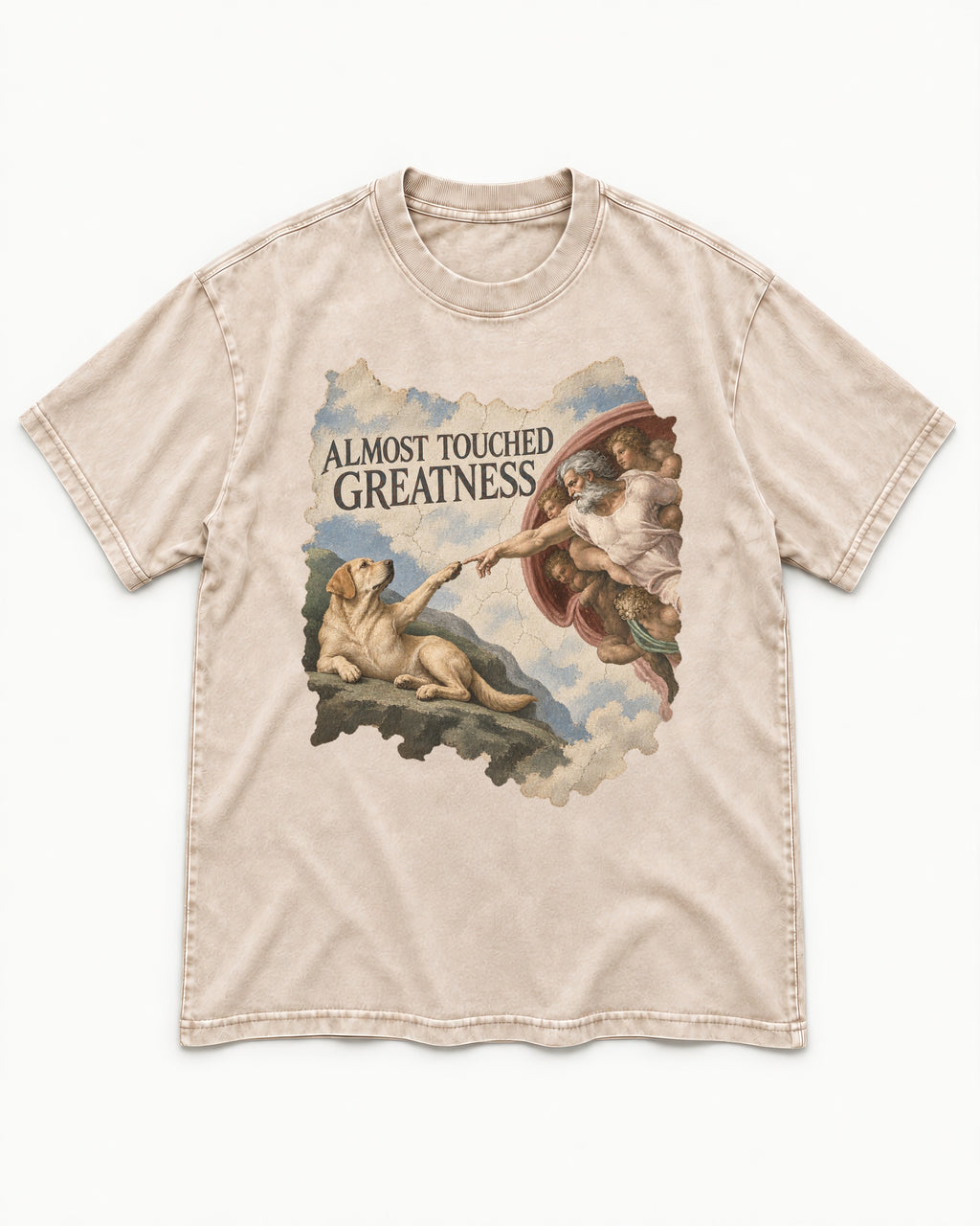 Labrador Retriever Almost Touched Greatness Washed Tee in Apricot, flat lay product photo