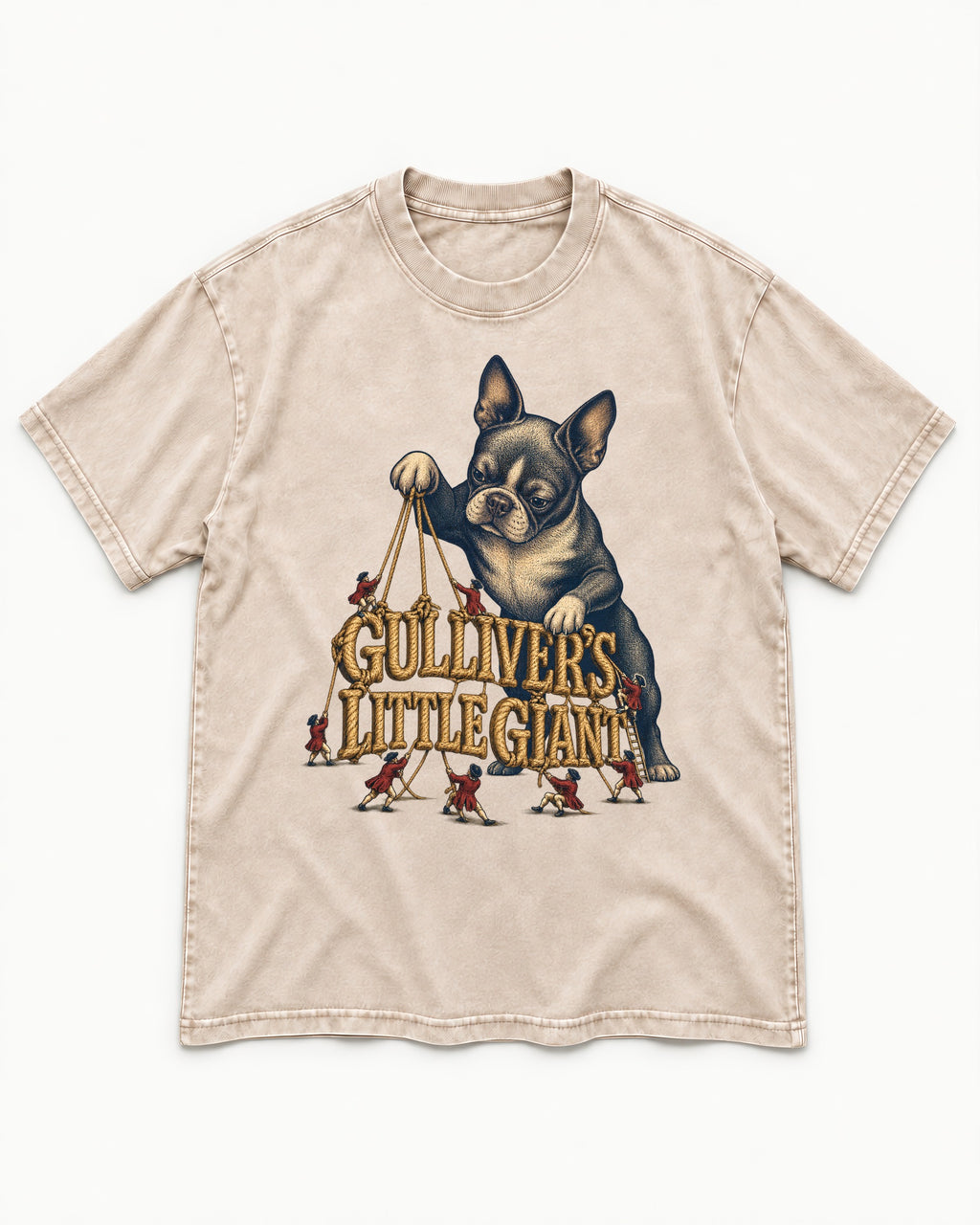 Boston Terrier Gulliver’s Little Giant Washed Tee in Apricot, flat lay product photo