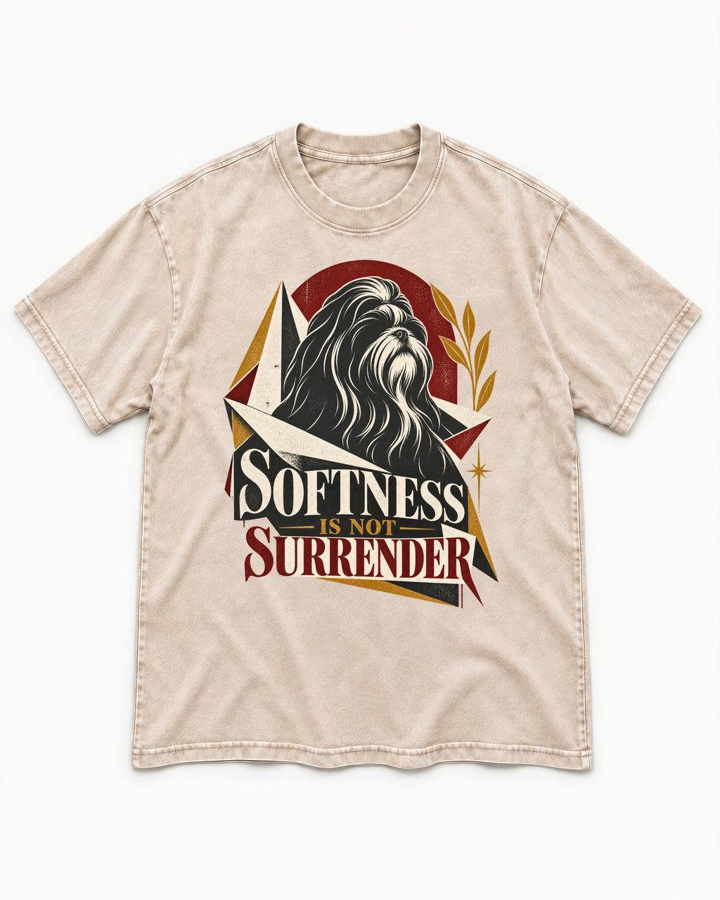 Shih Tzu Softness Is Not Surrender Washed Tee in Apricot, flat lay product photo