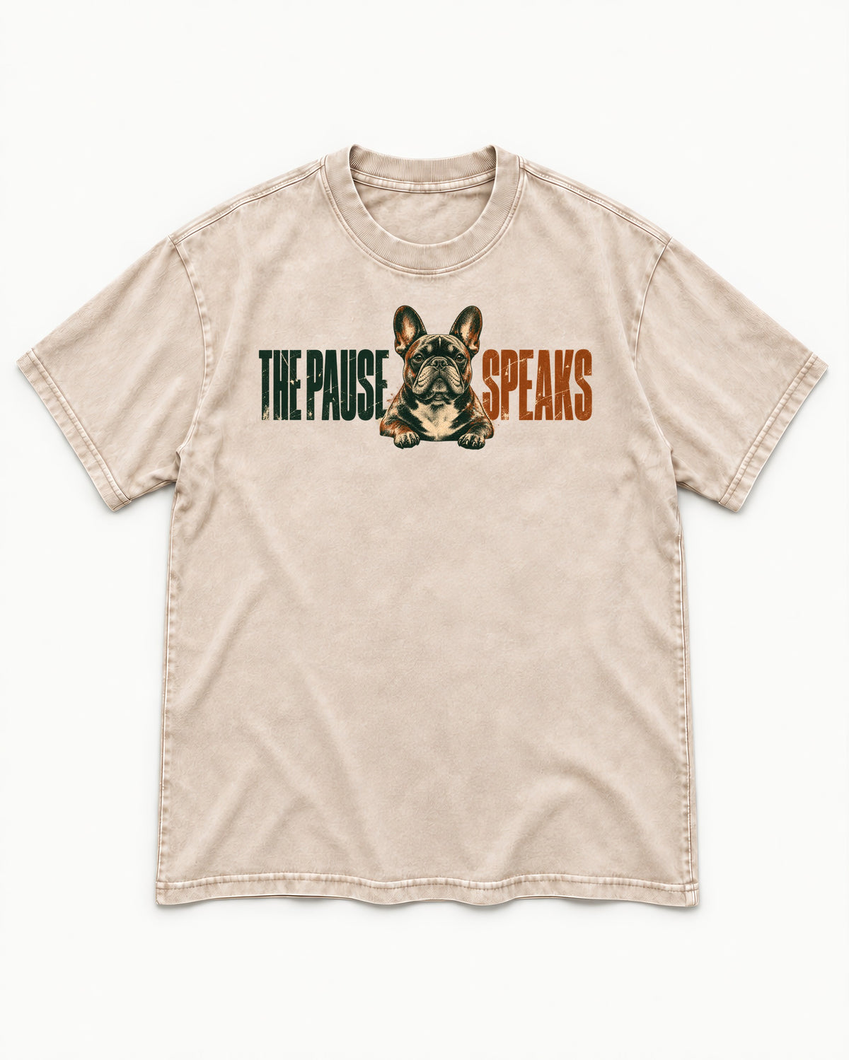 The Frenchie Pause Speaks Washed Tee in Apricot, flat lay product photo