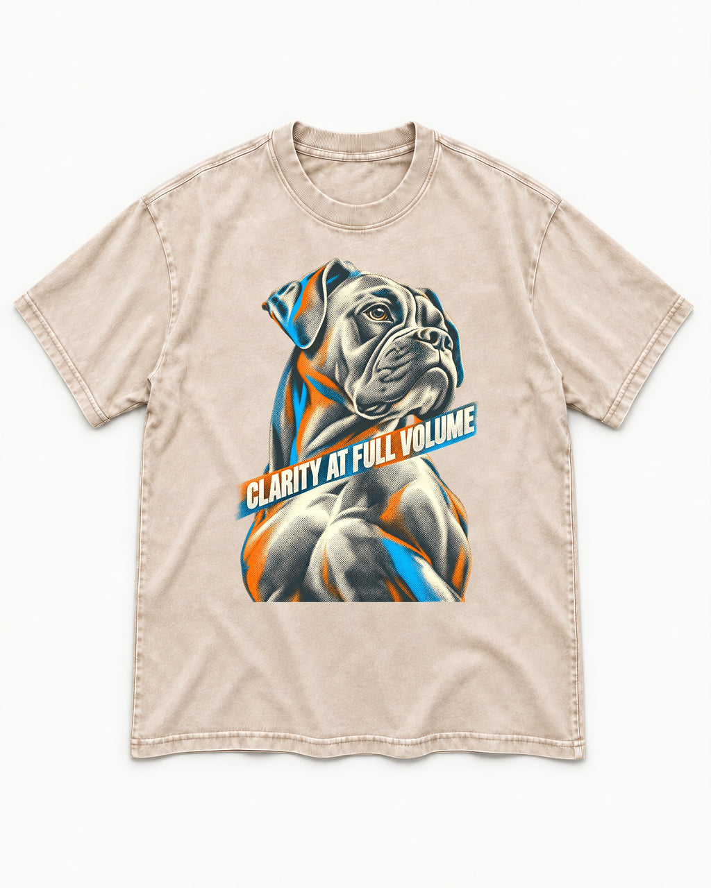 Clarity at Full Volume Boxer Portrait Washed Tee in Apricot, flat lay product photo