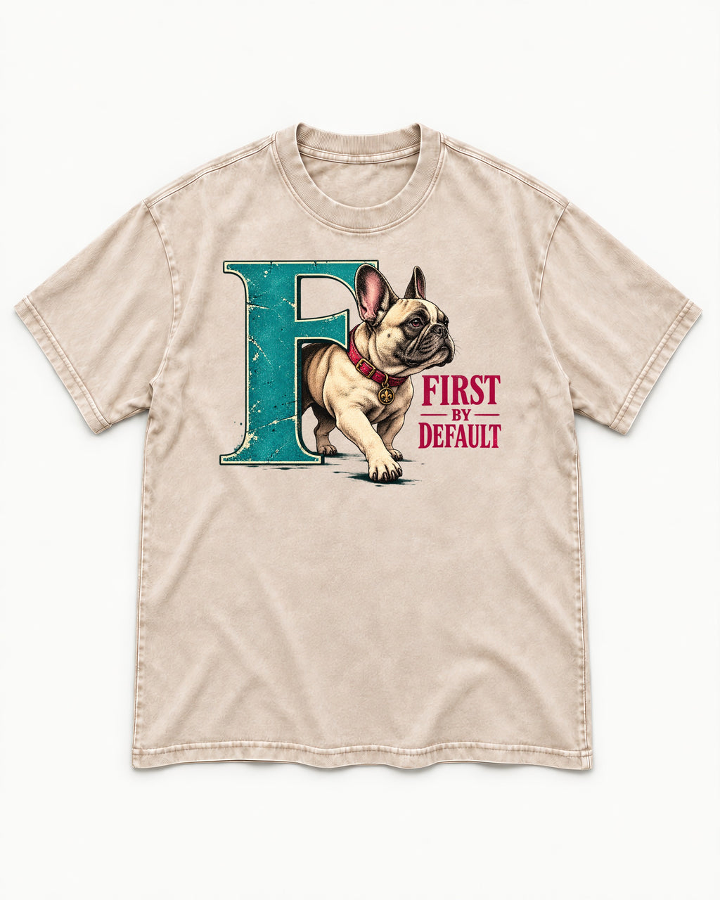 Frenchie First by Default Teal F Graphic Washed Tee in Apricot, flat lay product photo