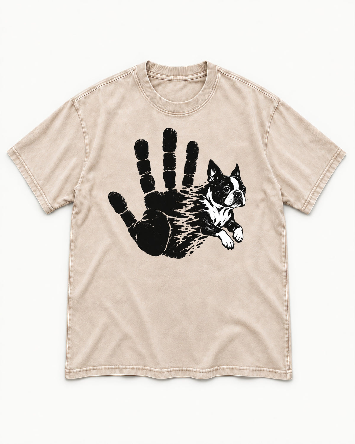 Boston Terrier High Five Washed Tee in Apricot, flat lay product photo