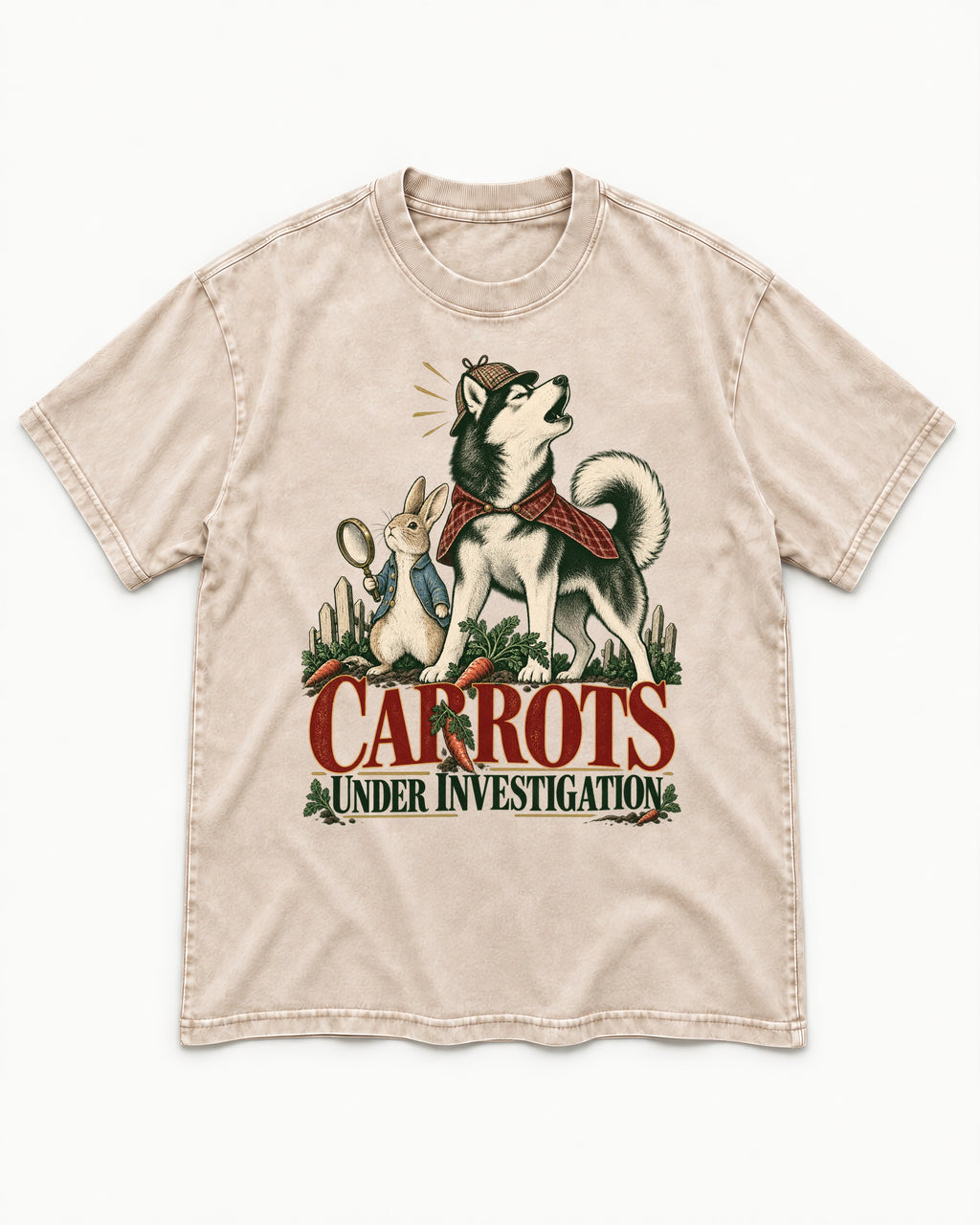 Carrots Under Husky Investigation Washed Tee in Apricot, flat lay product photo