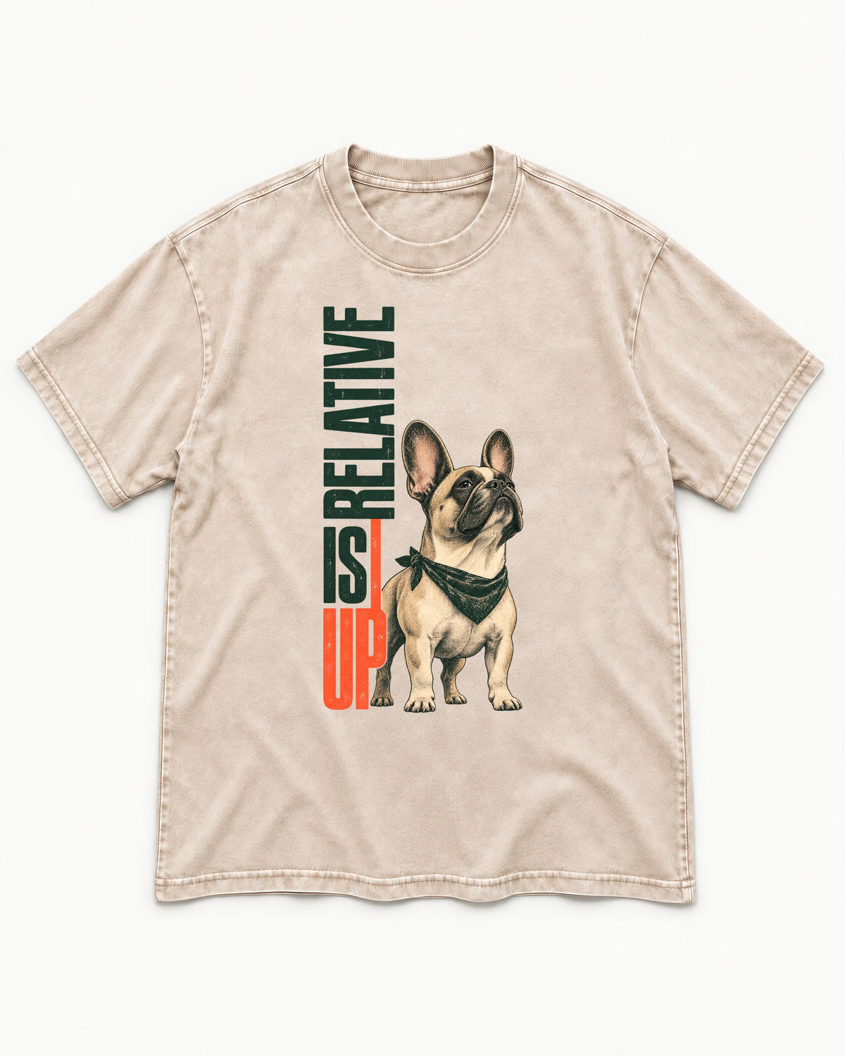 Up Is Relative Frenchie Washed Tee in Apricot, flat lay product photo