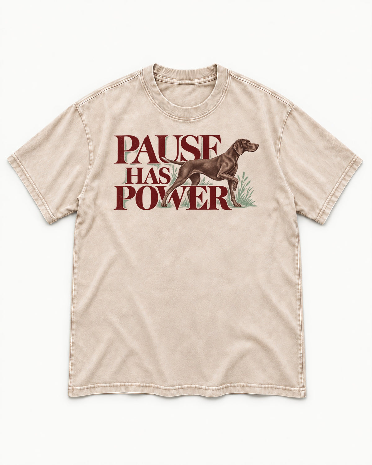 Pause Has Power German Shorthaired Pointer Washed Tee in Apricot, flat lay product photo