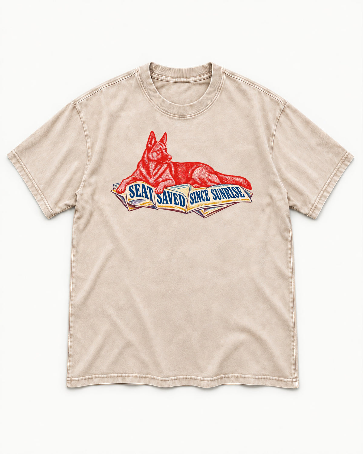 Seat Saved Since Sunrise German Shepherd Dog Washed Tee in Apricot, flat lay product photo