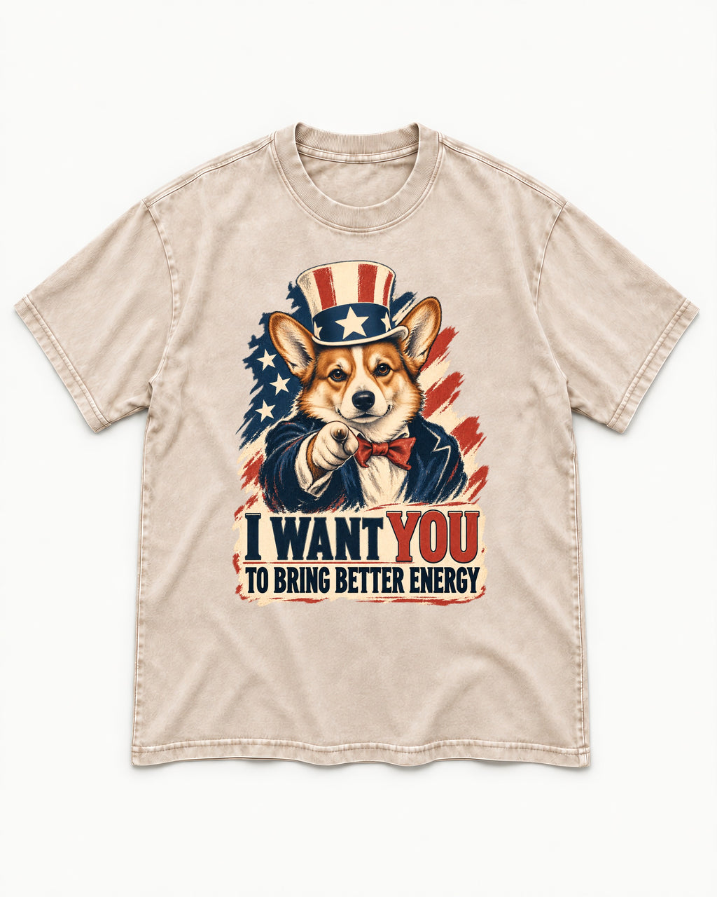 Corgi I Want You to Bring Better Energy Uncle Sam Washed Tee in Apricot, flat lay product photo