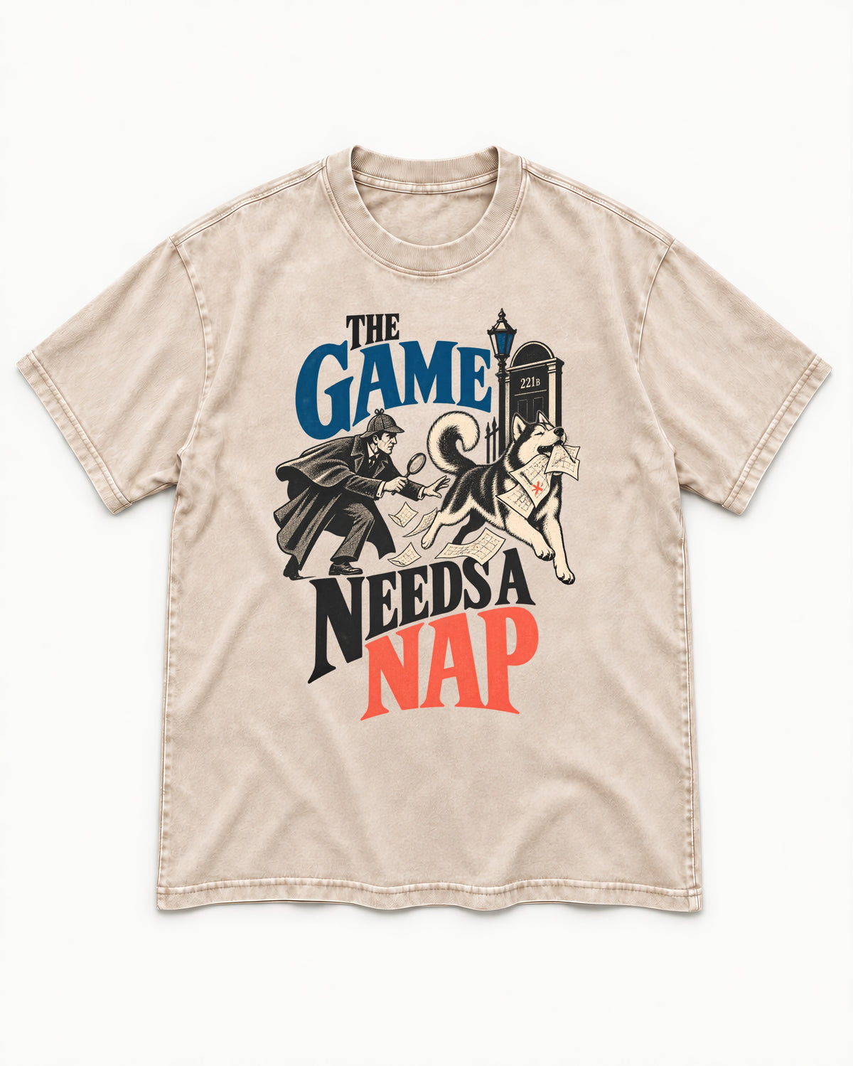 Husky Needs a Nap Washed Tee in Apricot, flat lay product photo