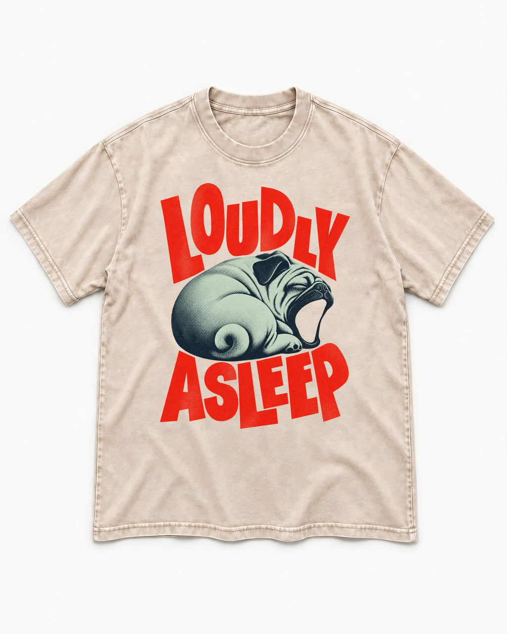 Pug Loudly Asleep Curled Yawn Graphic Washed Tee in Apricot, flat lay product photo