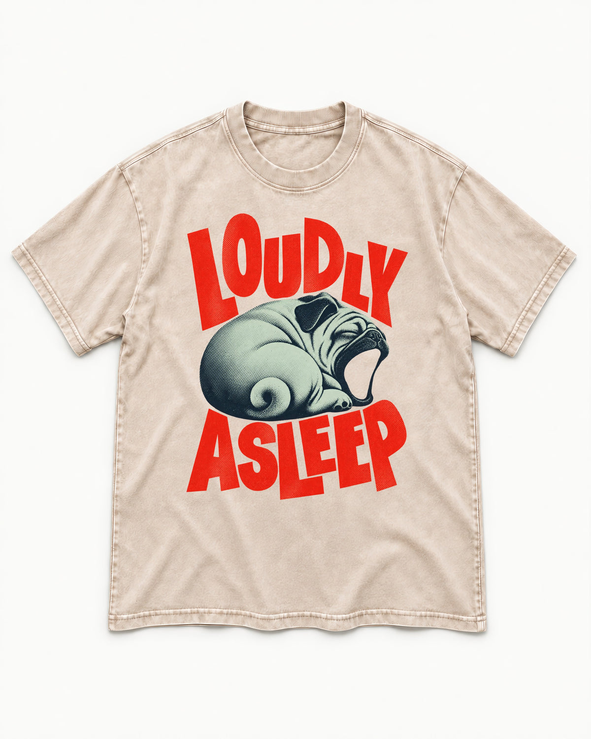 Pug Loudly Asleep Curled Yawn Graphic Washed Tee in Apricot, flat lay product photo