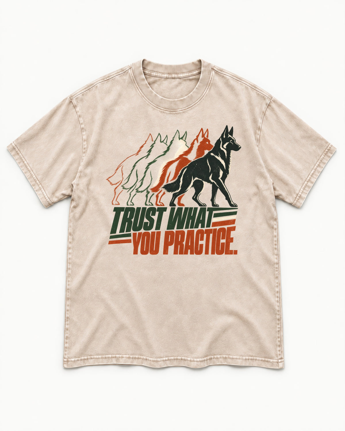 Trust What You Practice German Shepherd Dog Washed Tee in Apricot, flat lay product photo