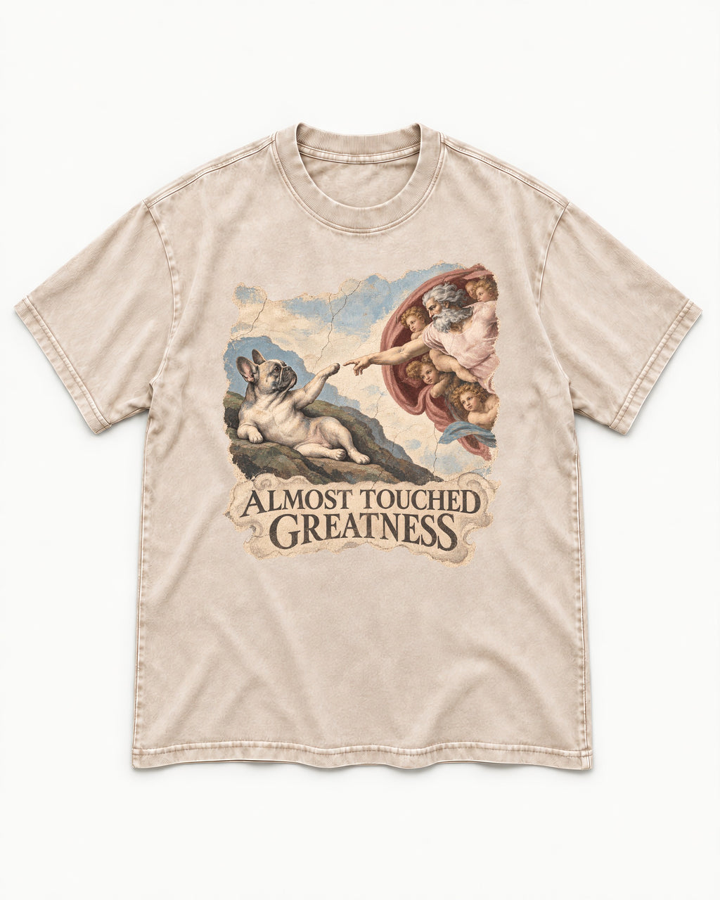 Frenchie Almost Touched Greatness Washed Tee in Apricot, flat lay product photo