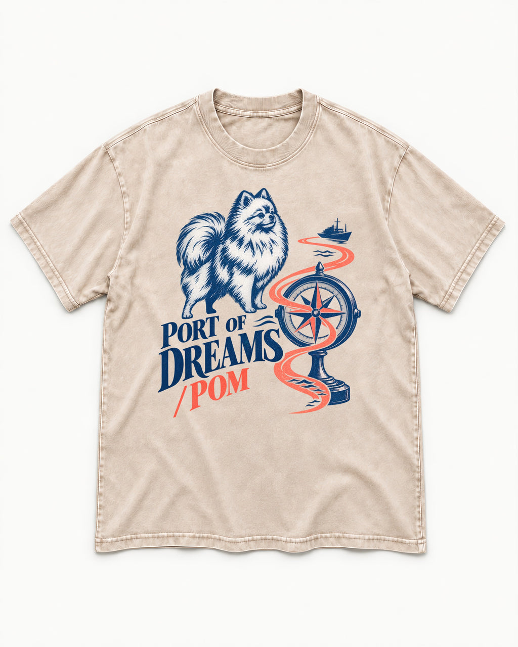 Pomeranian Port of Dreams Washed Tee in Apricot, flat lay product photo