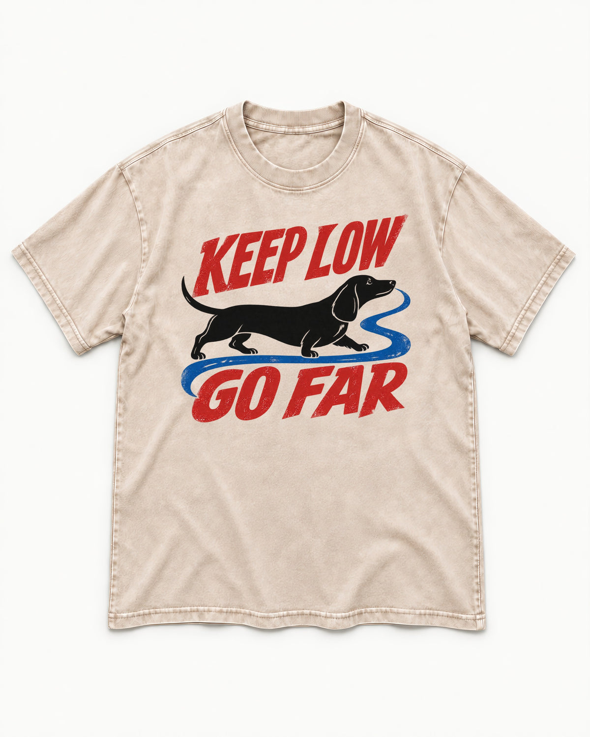 Keep Low Go Far Dachshund Washed Tee in Apricot, flat lay product photo