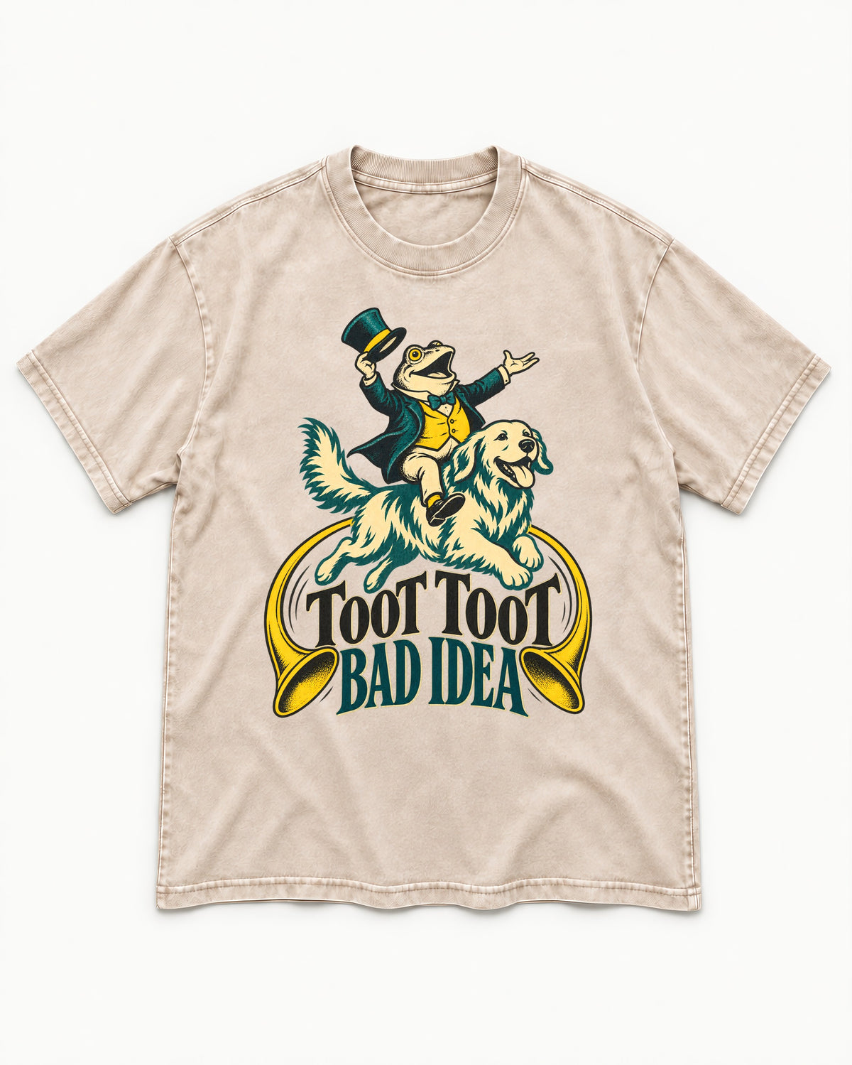 Golden Retriever Toot Toot Bad Idea Washed Tee in Apricot, flat lay product photo