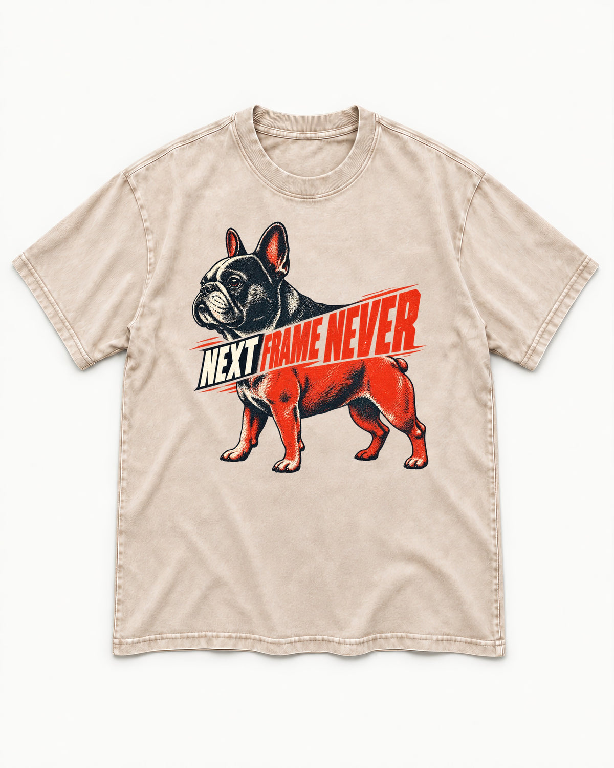 Frenchie Next Frame Never Motion Banner Graphic Washed Tee in Apricot, flat lay product photo