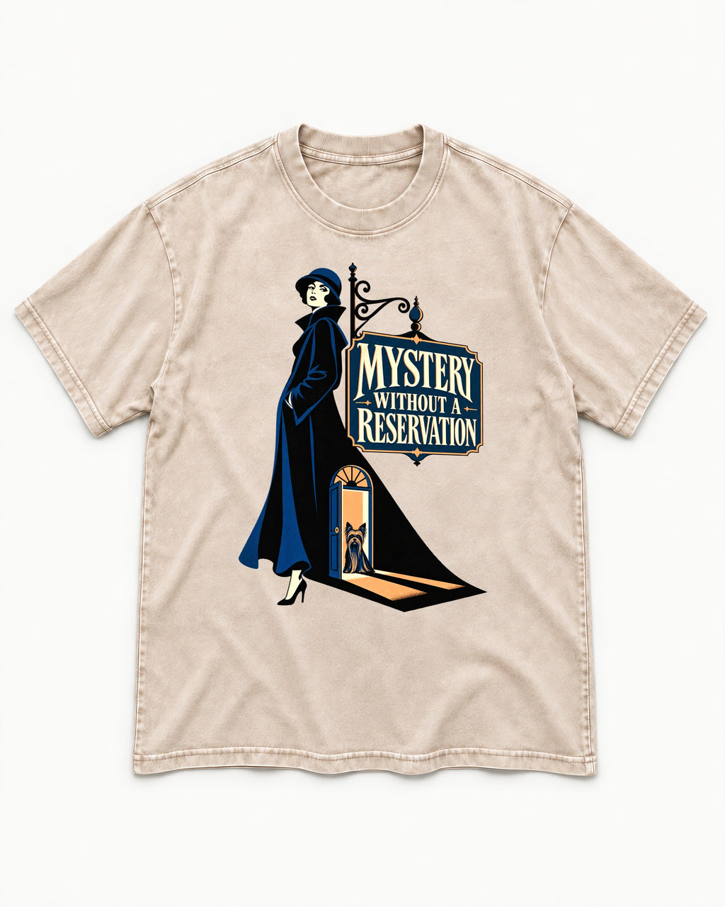 Mystery Without a Reservation Yorkshire Terrier Washed Tee in Apricot, flat lay product photo