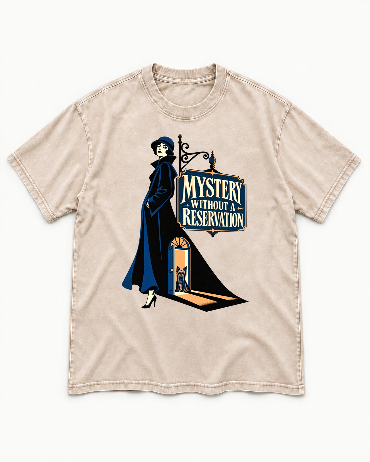 Mystery Without a Reservation Yorkshire Terrier Washed Tee in Apricot, flat lay product photo