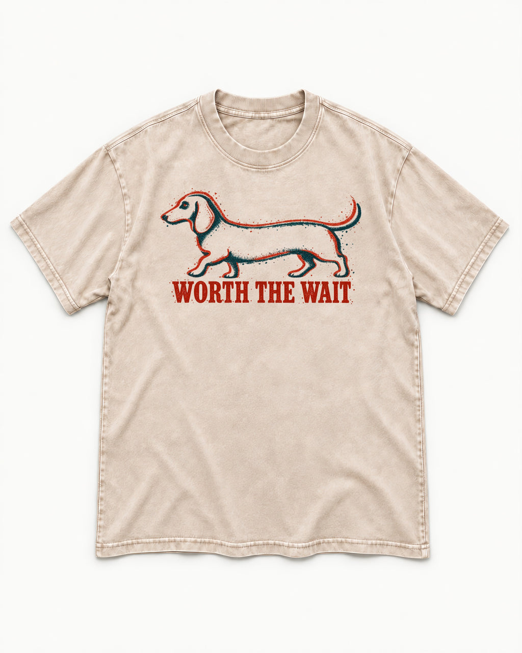 Dachshund Worth The Wait Distressed Outline Graphic Washed Tee in Apricot, flat lay product photo
