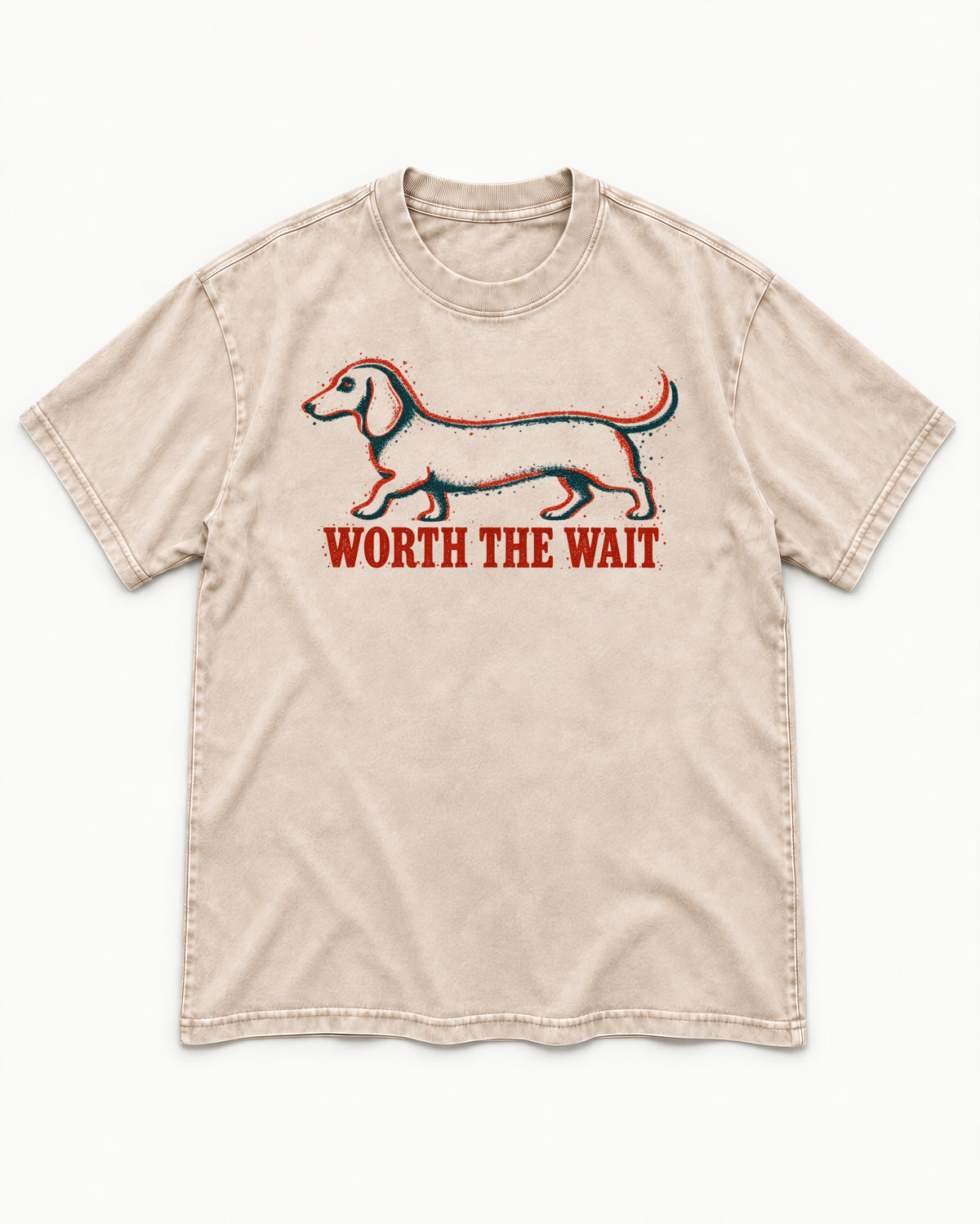 Dachshund Worth The Wait Distressed Outline Graphic Washed Tee in Apricot, flat lay product photo