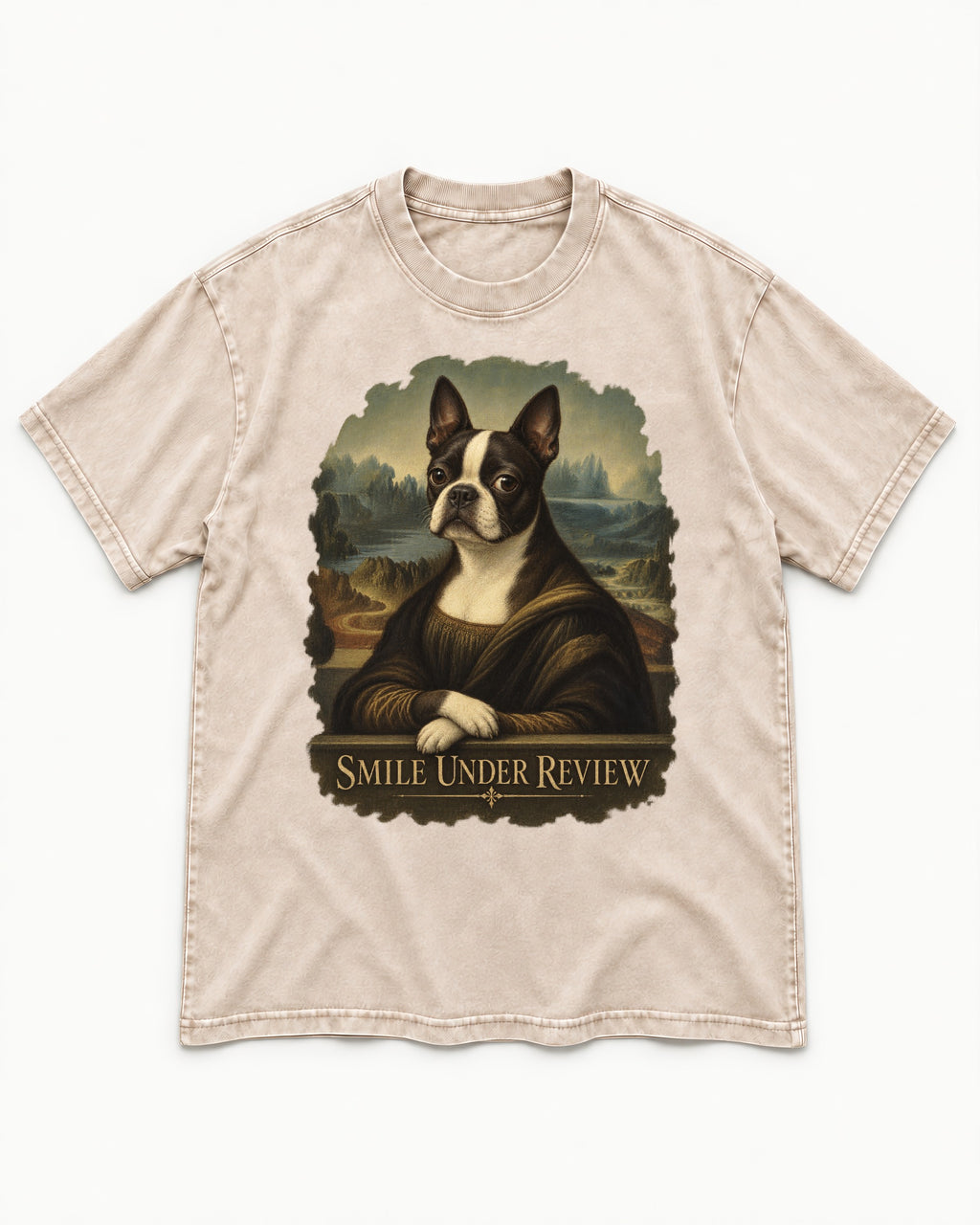 Smile Under Review Boston Terrier Mona Lisa Portrait Washed Tee in Apricot, flat lay product photo
