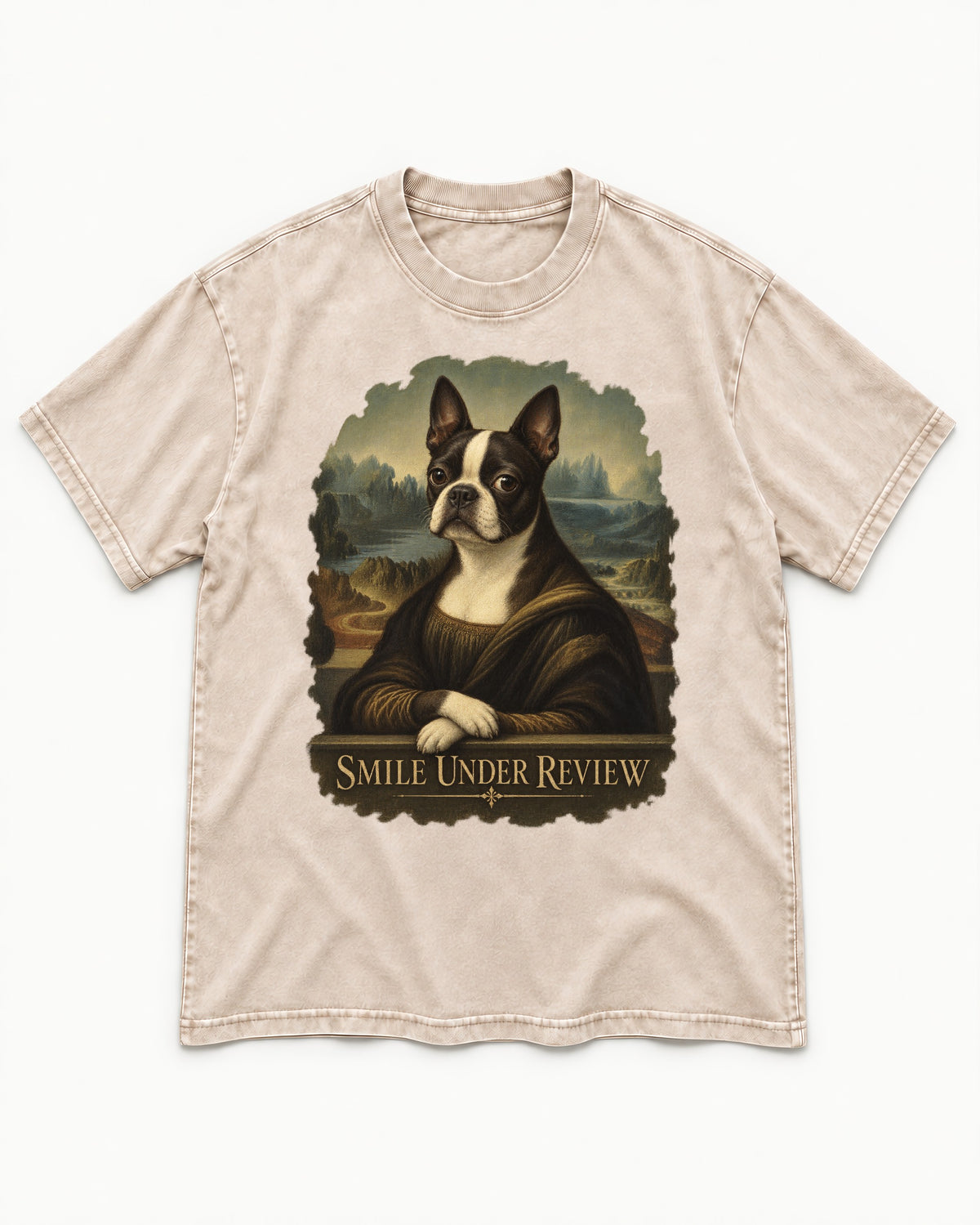 Smile Under Review Boston Terrier Mona Lisa Portrait Washed Tee in Apricot, flat lay product photo
