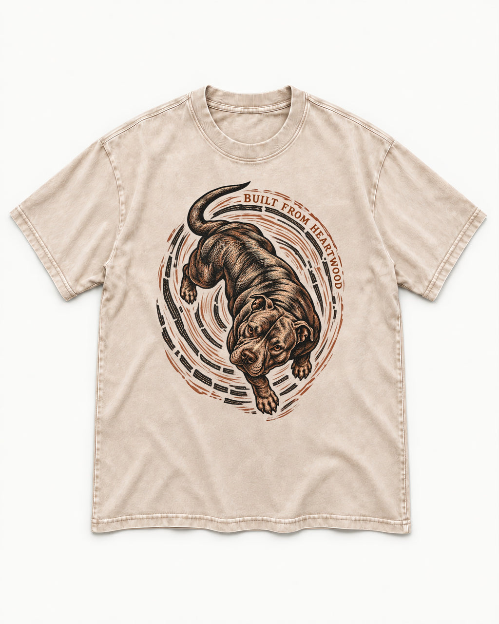 Pitbull Built From Heartwood Washed Tee in Apricot, flat lay product photo