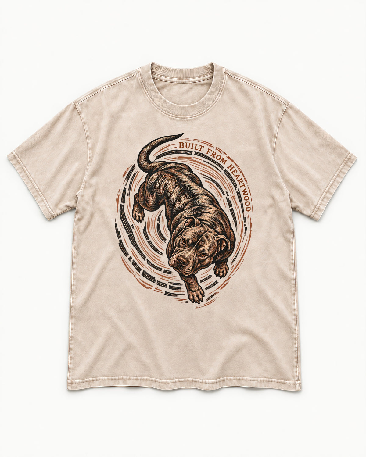 Pitbull Built From Heartwood Washed Tee in Apricot, flat lay product photo
