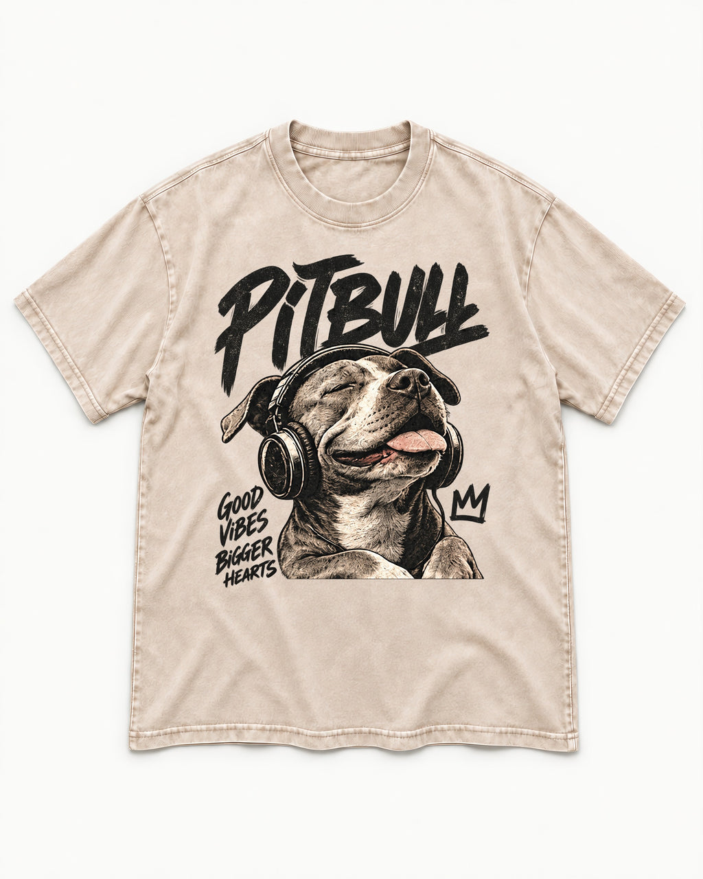 Pitbull Good Vibes Bigger Hearts Washed Tee in Apricot, flat lay product photo