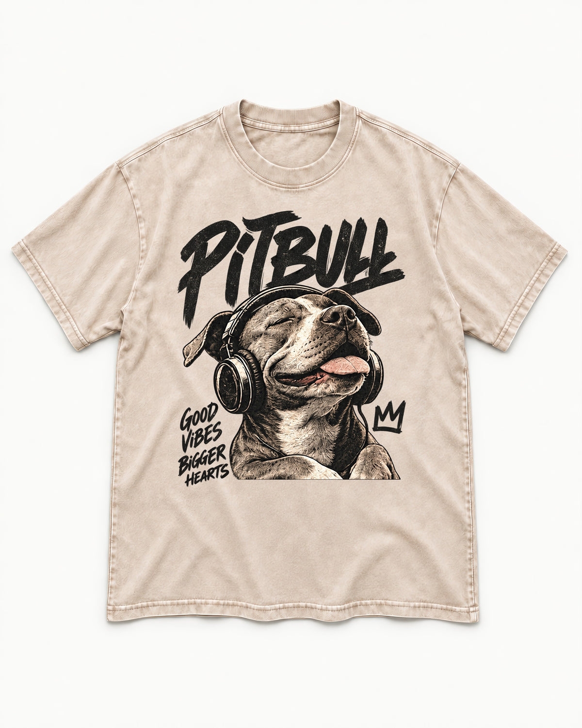 Pitbull Good Vibes Bigger Hearts Washed Tee in Apricot, flat lay product photo