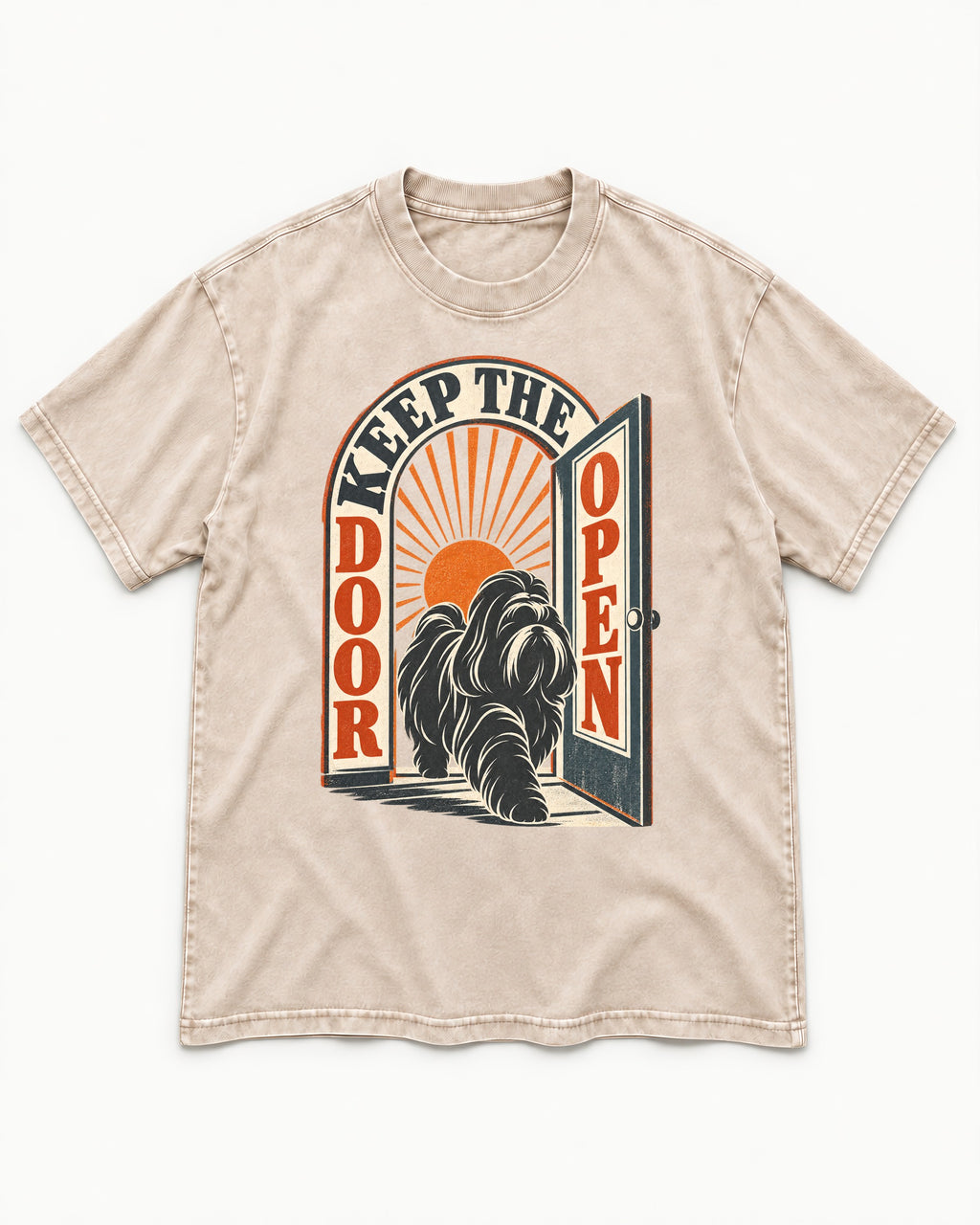 Shih Tzu Keep the Door Open Retro Doorway Graphic Washed Tee in Apricot, flat lay product photo