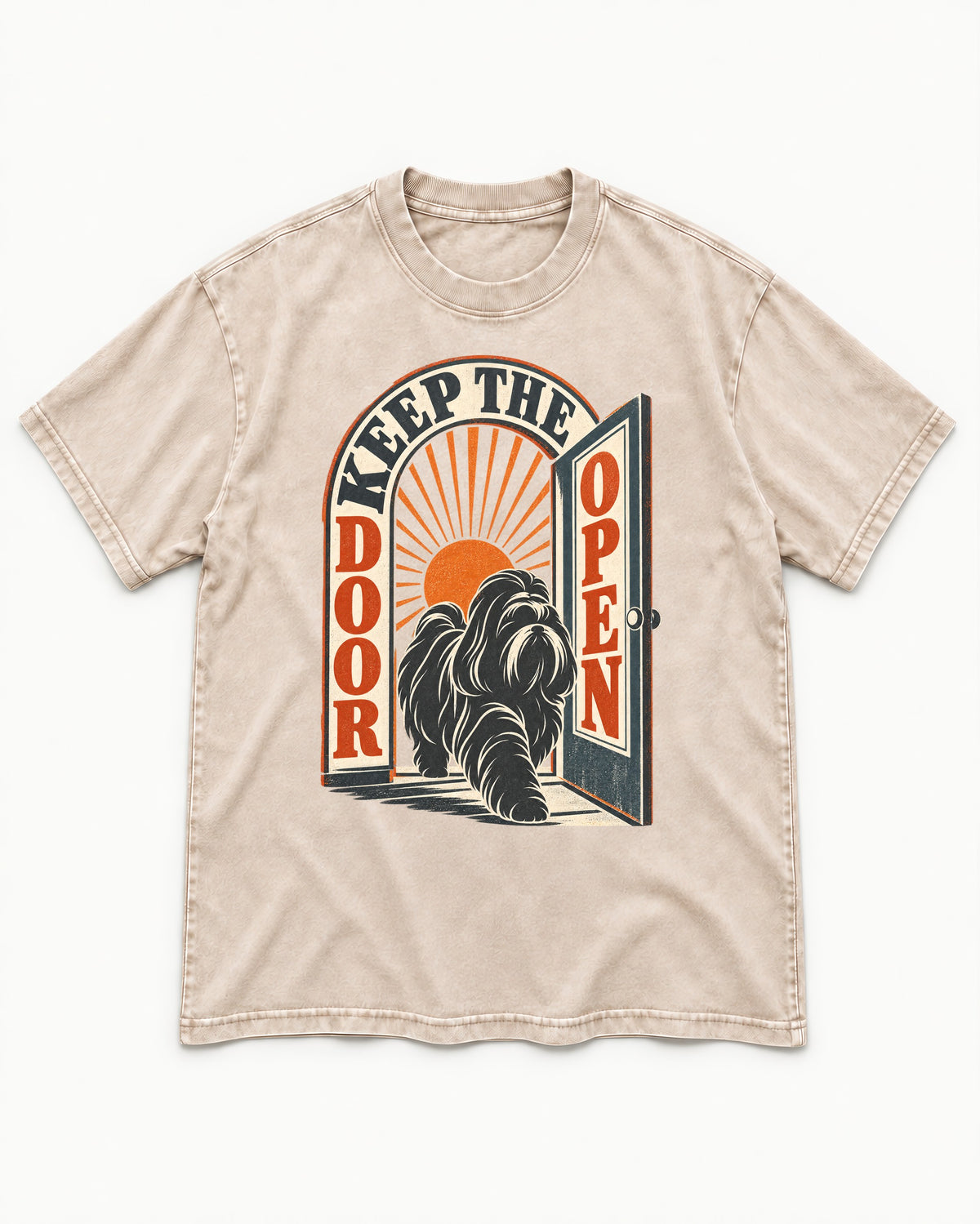 Shih Tzu Keep the Door Open Retro Doorway Graphic Washed Tee in Apricot, flat lay product photo