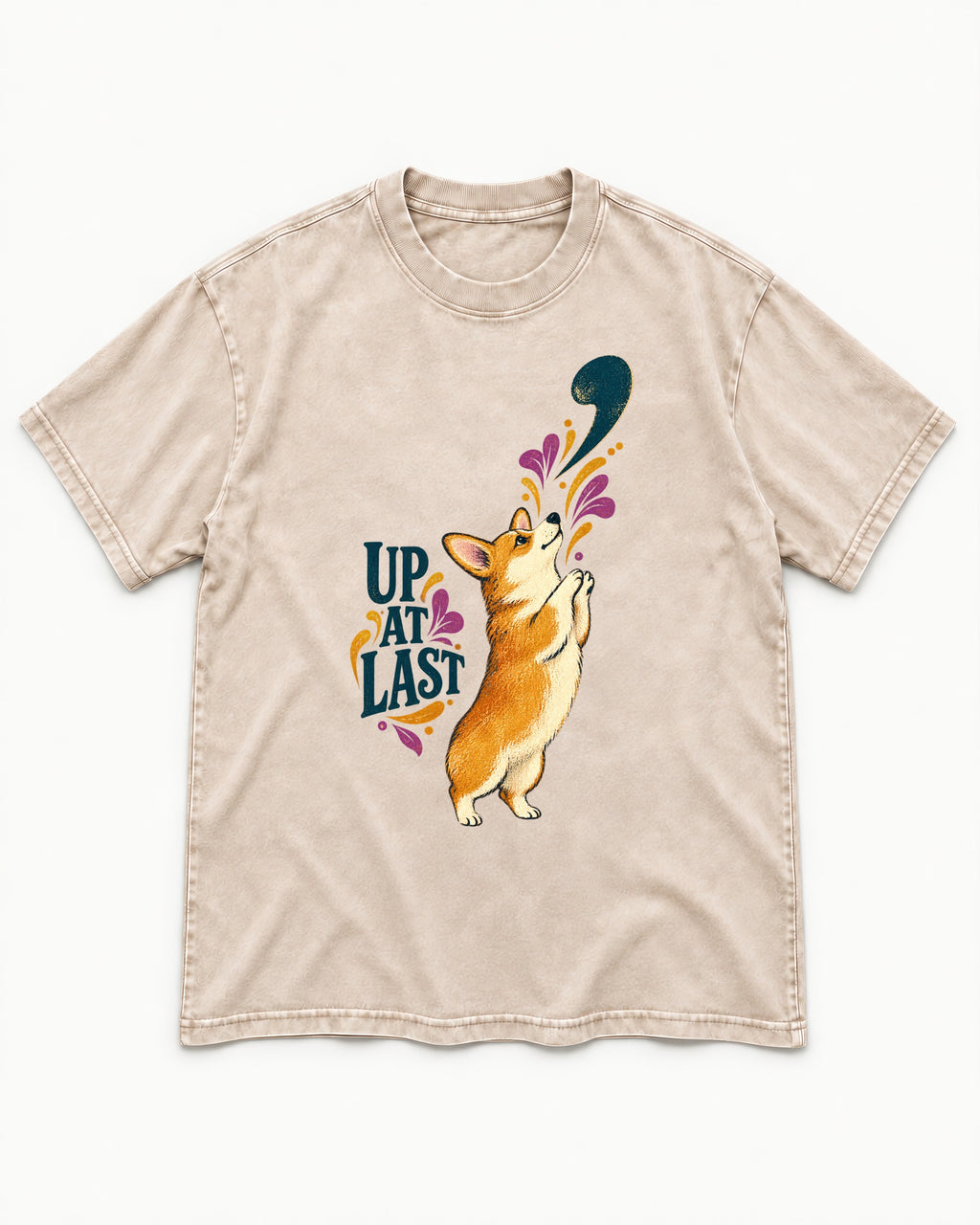 Corgi Up at Last Washed Tee in Apricot, flat lay product photo