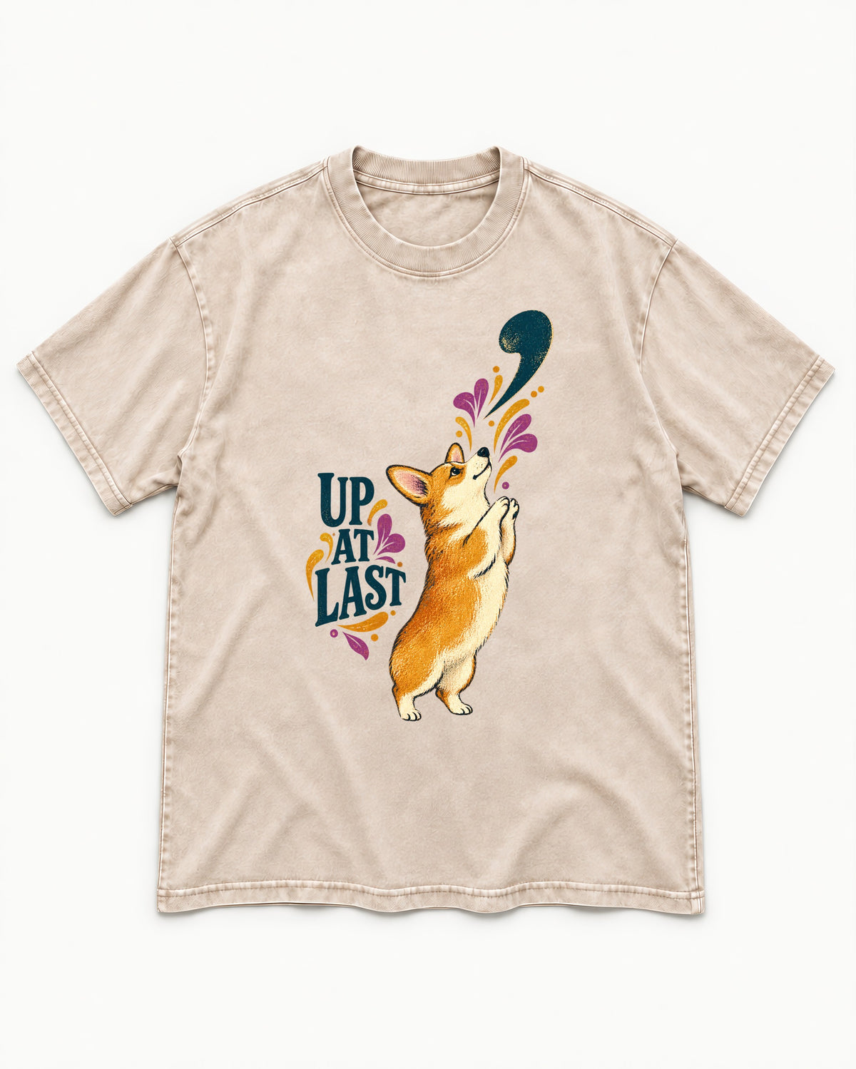 Corgi Up at Last Washed Tee in Apricot, flat lay product photo
