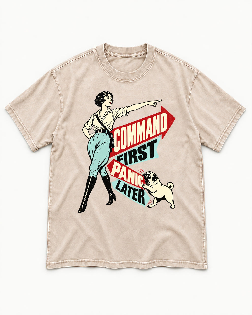 Pug Command First Panic Later Directional Graphic Washed Tee in Apricot, flat lay product photo
